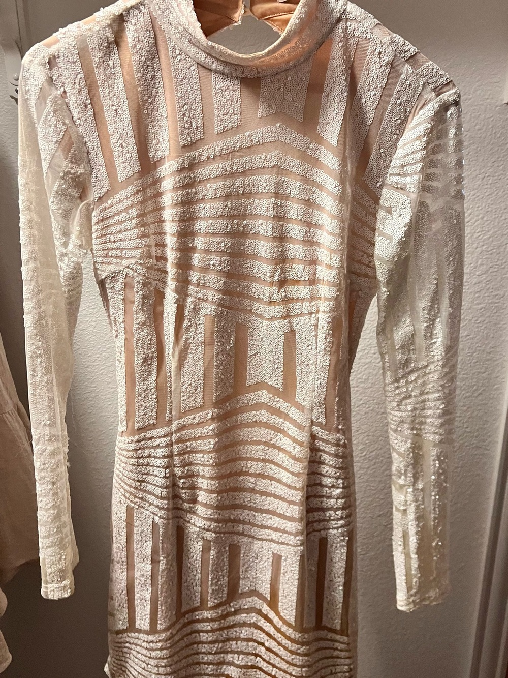 Tiger Mist Nude & Ivory Long Sleeve Sequin Backless Bodycon Dress